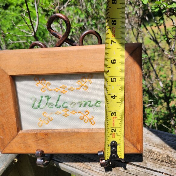 Vintage Wooden Framed Cross Stitch "Welcome" Sign With Scroll Design - Picture 3 of 5